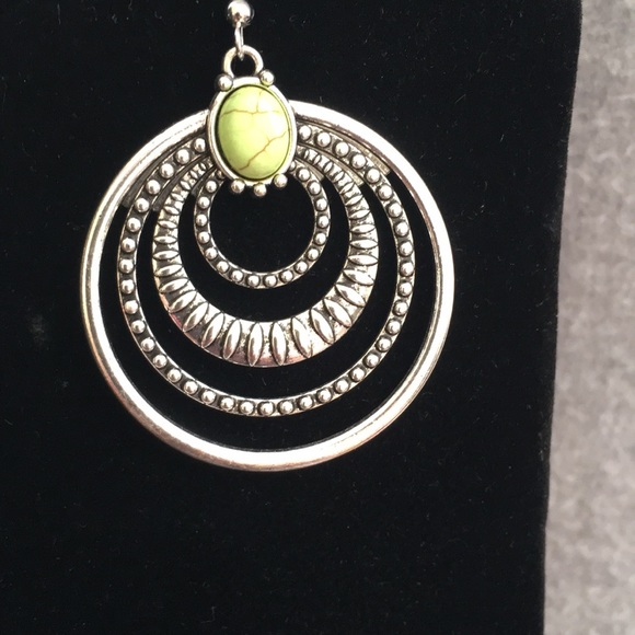 Silver Tone Boho Trendy Loop Dangle Earrings with Green Accent 1 1/2” Across - Picture 3 of 10
